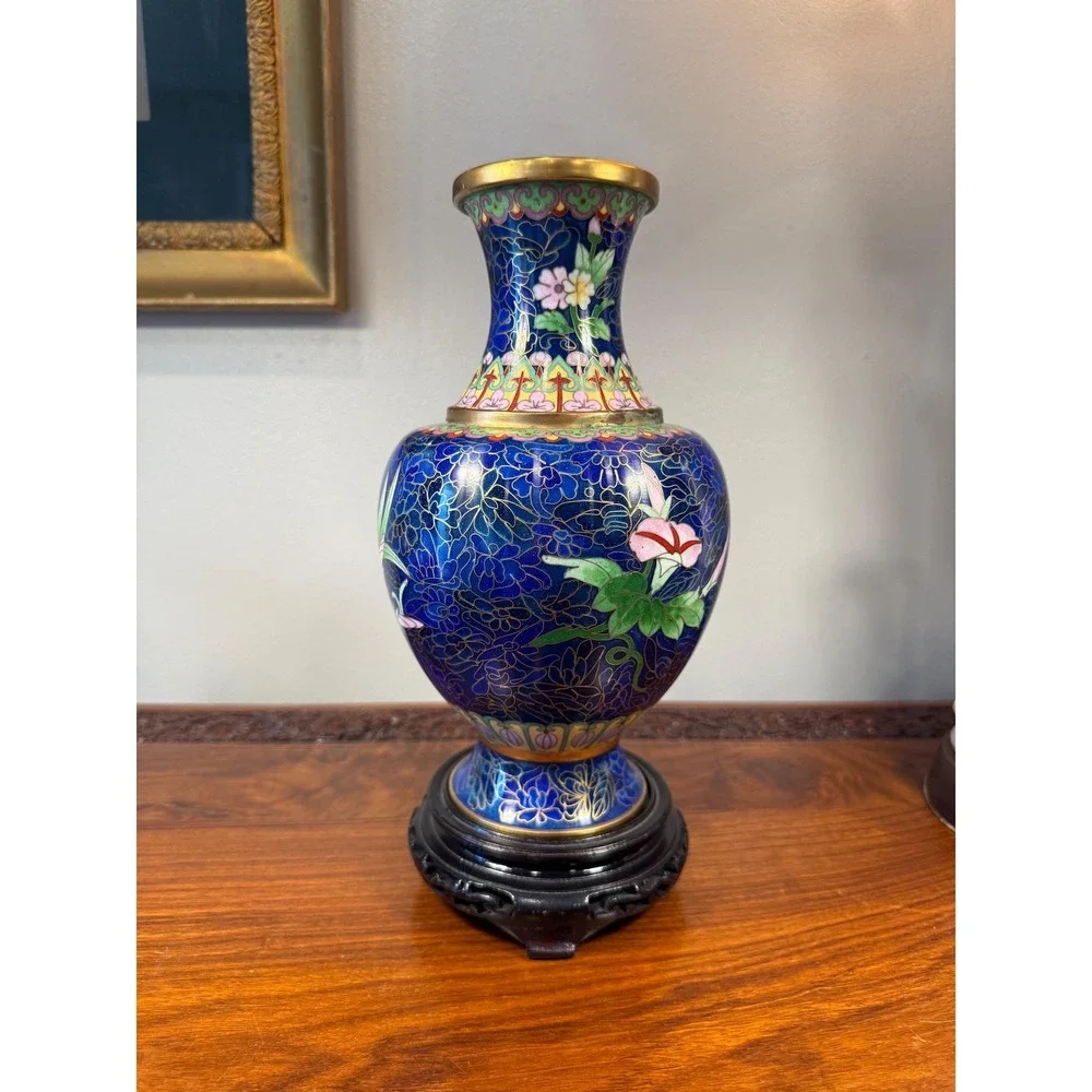 Vintage Cloisonné Vase with Carved Wood Stand